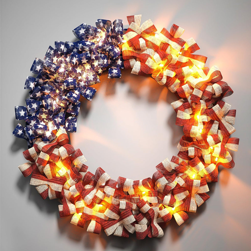 Inch Patriotic Burlap Red White Blue Wreath with Timer Light Strip