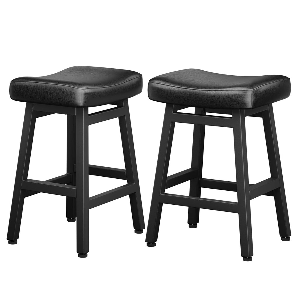 Set of 2 All Black 24 Inch Counter Height Bar Stools w Bonded Leather Saddle Seats