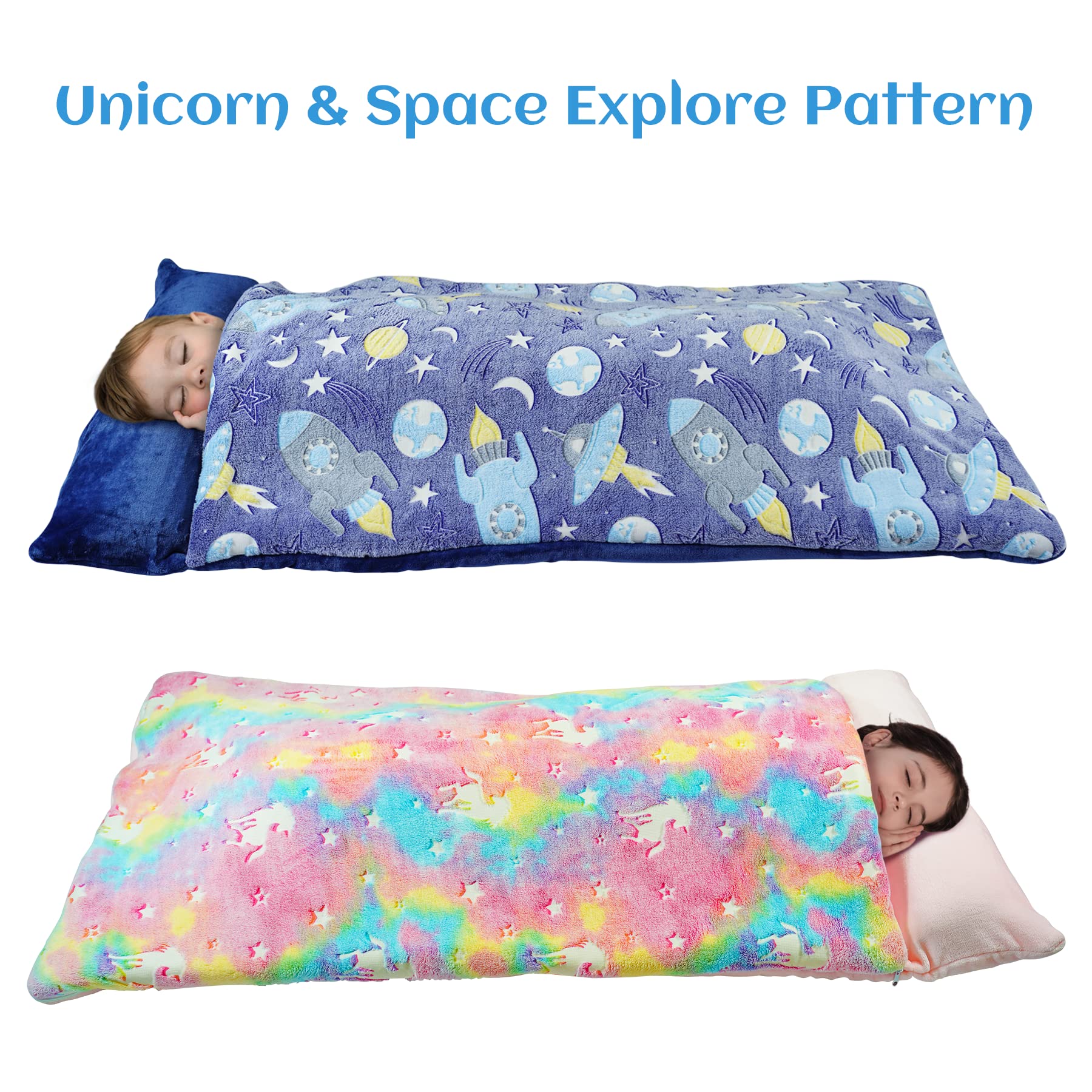 Glow in the Dark Kids Slumber Bag with Pillow Blanket 62x28 Starry Sky