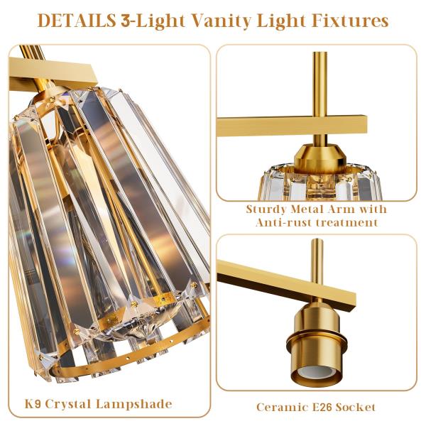 -Light Crystal Bathroom Vanity Light Fixture Gold Modern Wall Sconce with Ceramic E26 Base