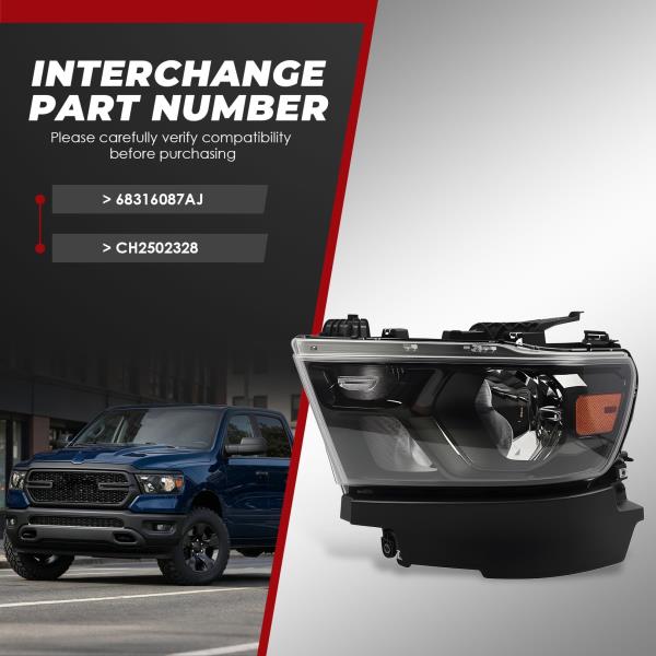 Left Halogen Headlight Assembly for 2019-2023 Ram 1500 Black Housing