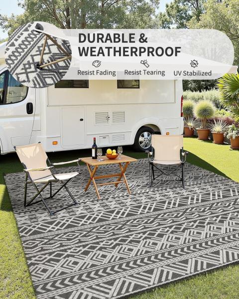 x8 Reversible Waterproof Plastic Straw Outdoor Patio Rug Boho Grey