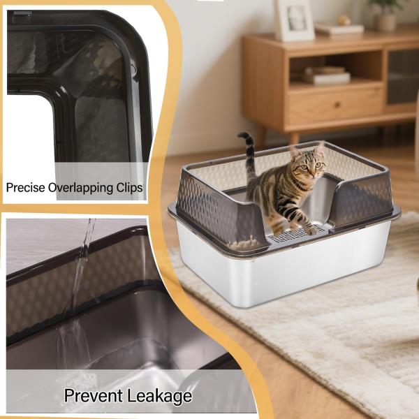 Enclosed High Sided Stainless Steel Cat Litter Box with Lid Scoop and Mats Transparent Black $59.00