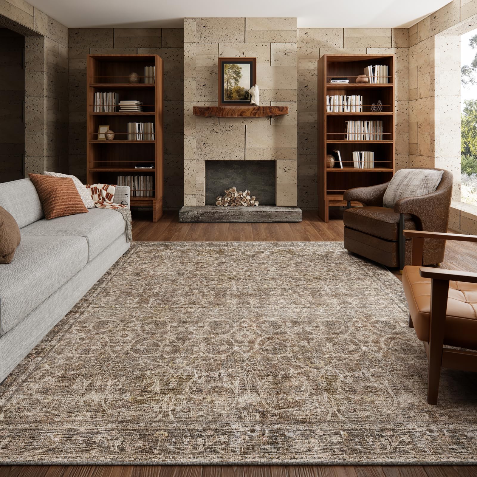 Washable Area Rug 6x9 Ultra Soft Non-Slip Vintage Boho BrownCamelMulti