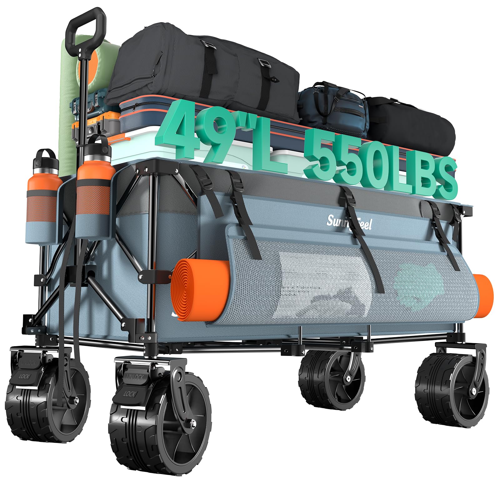 SUNNYFEEL 49" L Foldable Wagon Cart with Big Wheels - 550lbs Heavy Duty Extra Long Collapsible Shopping Cart - Utility Grocery Wagon for Garden Sports Camping Outdoor Activities (Blue) Retail $109.00