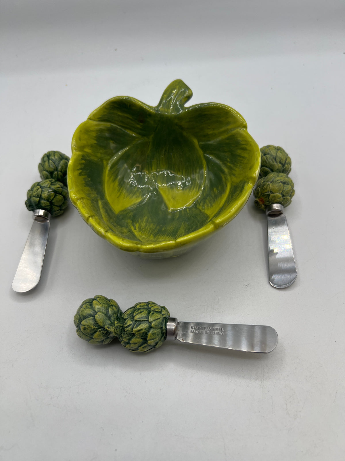 Artichoke Ceramic Dip Bowl with Spreaders Set - Image 1