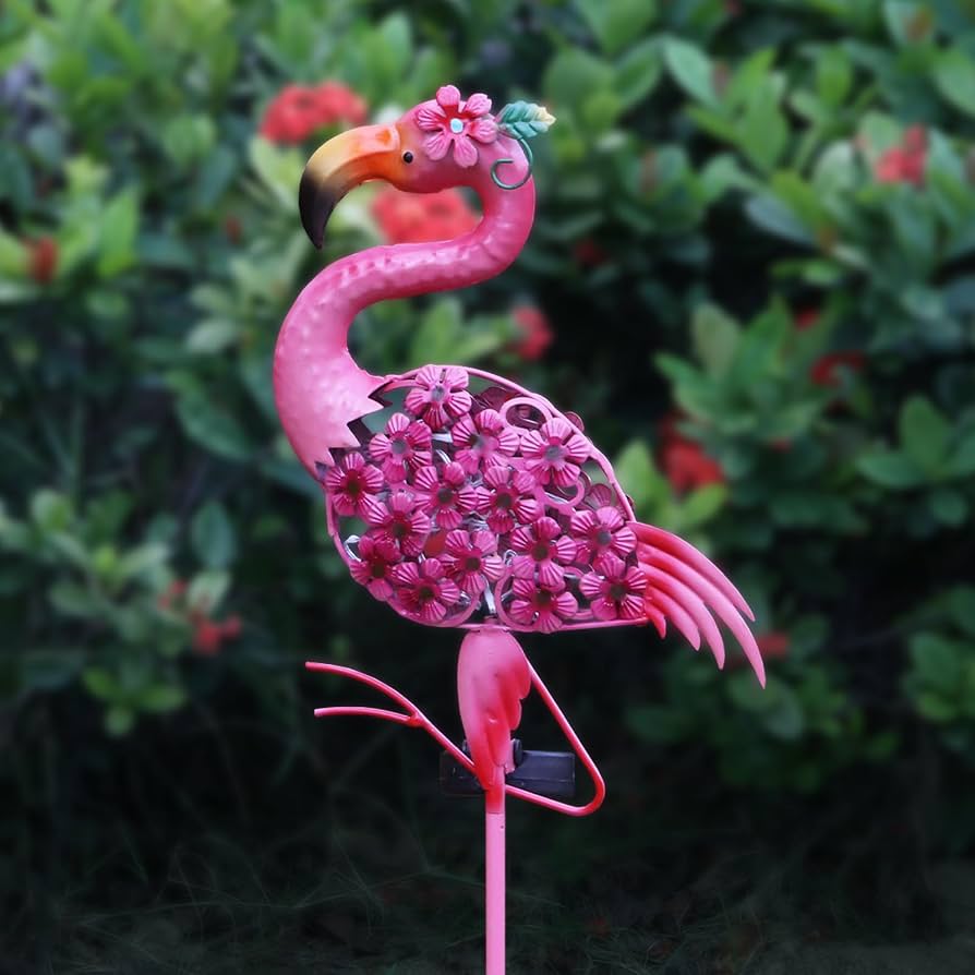 Evergreen Solar LED Flamingo Garden Statues  Handcrafted Metal Outdoor Yard Decor with Solar Lights  Pink Flamingo Pair (2 Pack) - Image 5