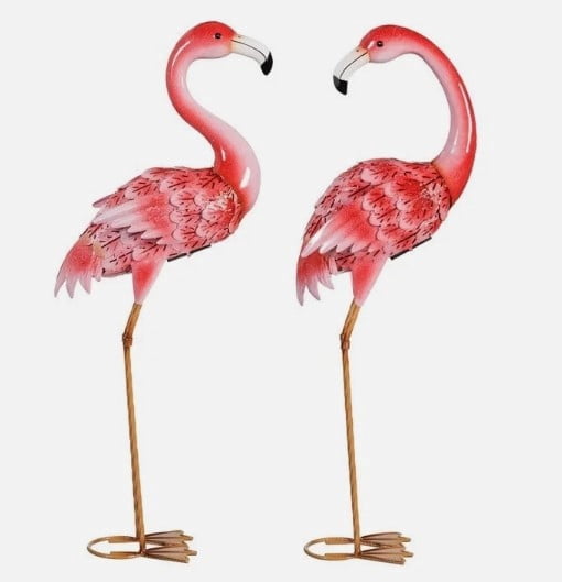Evergreen Solar LED Flamingo Garden Statues  Handcrafted Metal Outdoor Yard Decor with Solar Lights  Pink Flamingo Pair (2 Pack) - Image 1