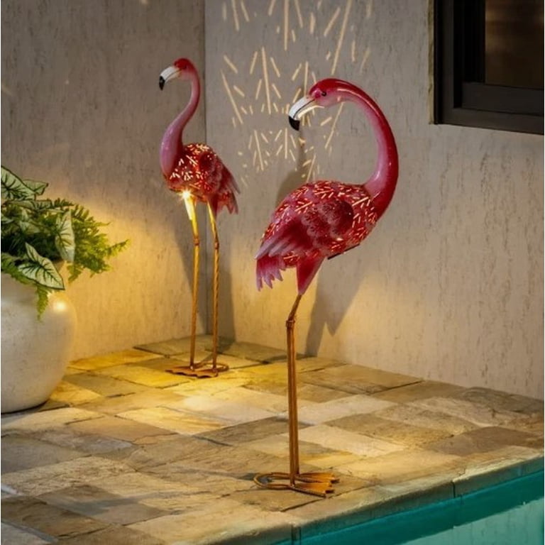 Evergreen Solar LED Flamingo Garden Statues  Handcrafted Metal Outdoor Yard Decor with Solar Lights  Pink Flamingo Pair (2 Pack) - Image 4