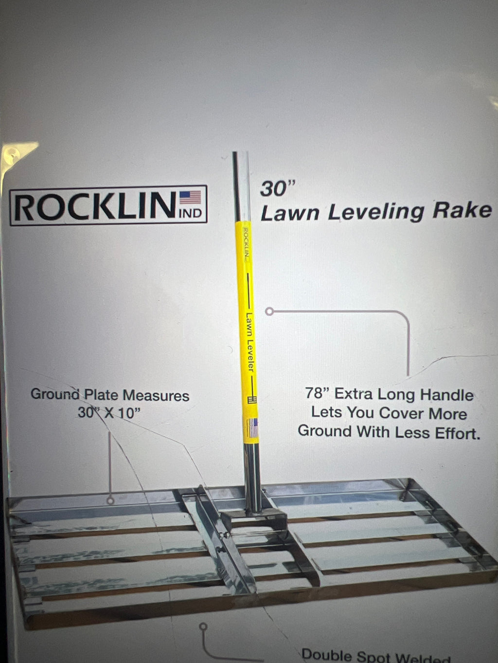 Rocklin 30 inch Lawn Leveling Rake Stainless Steel Handle Ground Plate - Image 1