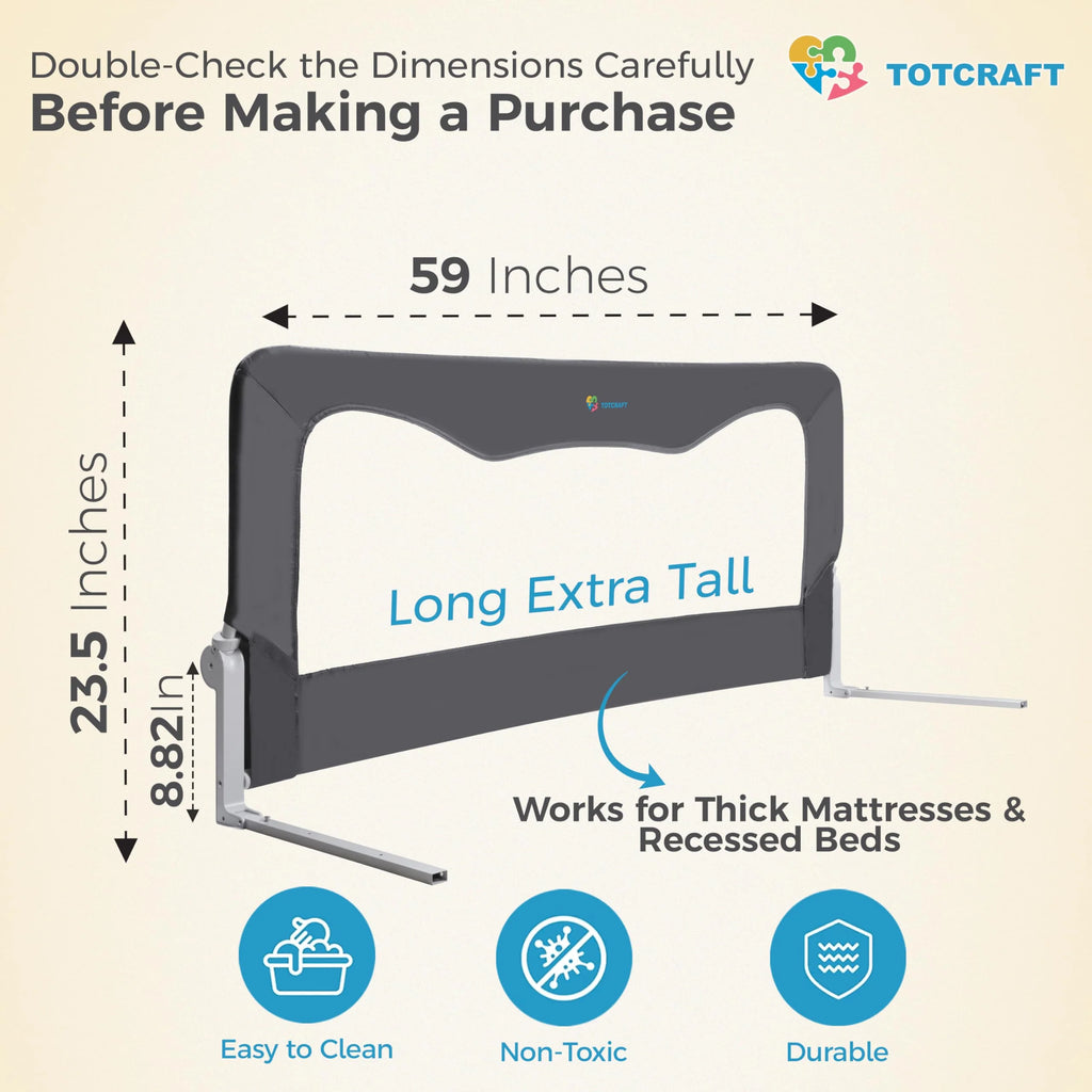 TotCraft 59x23.5 Grey Bed Safety Rail Guard for Toddlers Retail $69.00