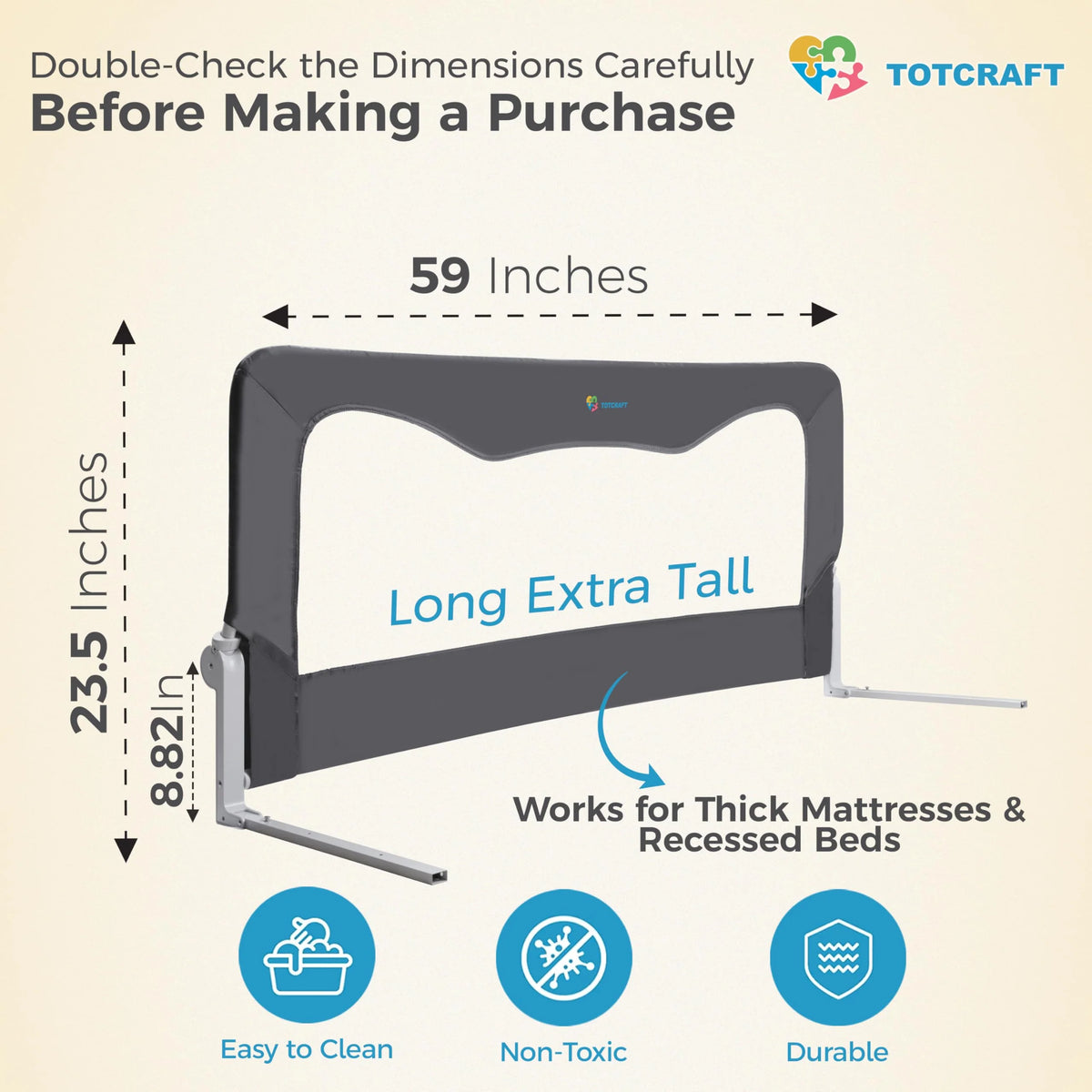 TotCraft 59x23.5 Grey Bed Safety Rail Guard for Toddlers Retail $69.00