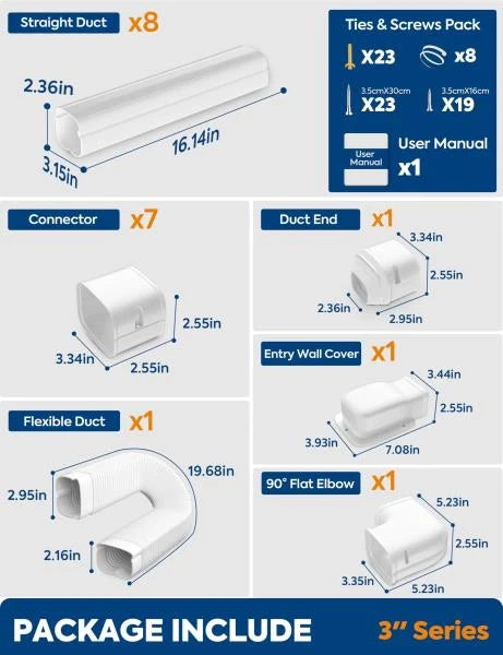 13Ft Mini Split Line Set Cover with Flexible Duct Paintable PP Decorative Kit White