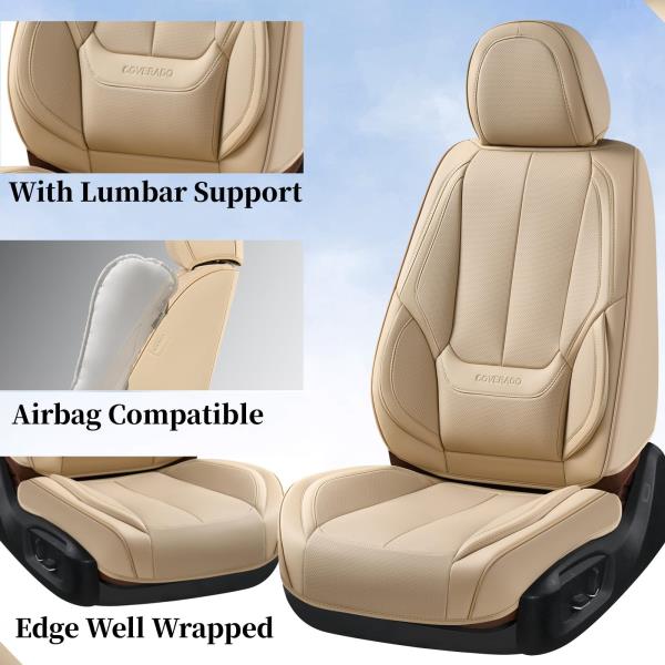 Waterproof Nappa Leather Front Car Seat Covers Universal Fit Beige - Image 3