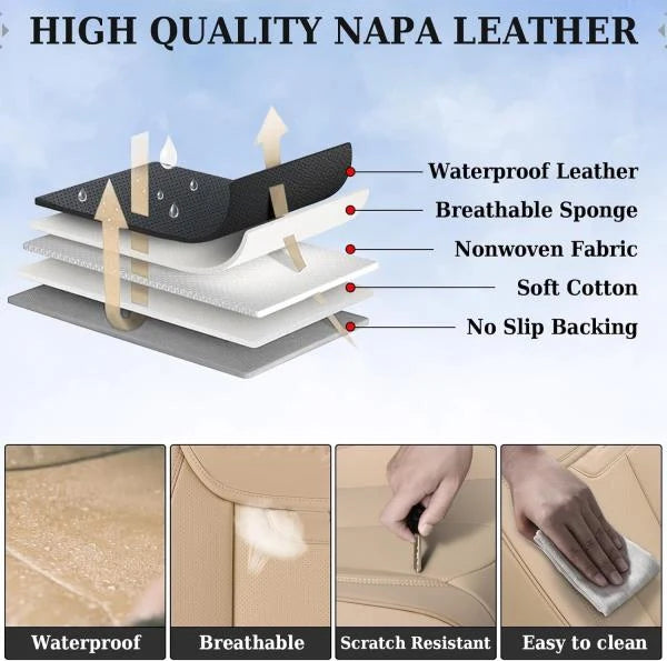 Waterproof Nappa Leather Front Car Seat Covers Universal Fit Beige - Image 8