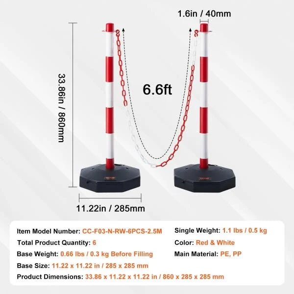 Adjustable Traffic Delineator Post Cones 6 Pack with 6.6FT Chain Red White - Image 7