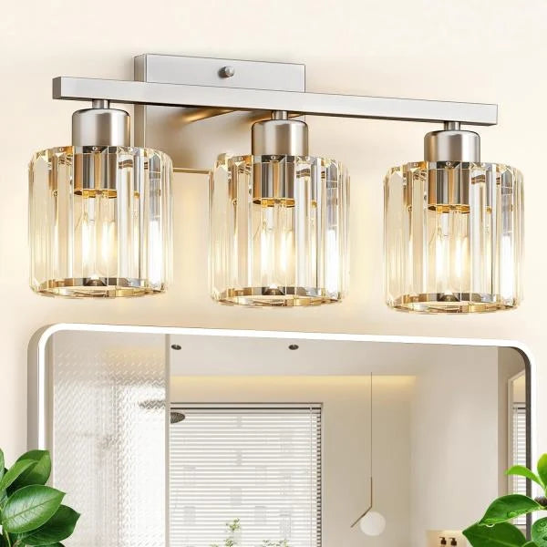 -Light Brushed Nickel Bathroom Vanity Light Fixture with Crystal Round Shades - Image 1