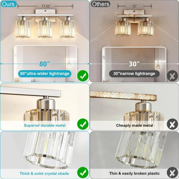 -Light Brushed Nickel Bathroom Vanity Light Fixture with Crystal Round Shades - Image 4