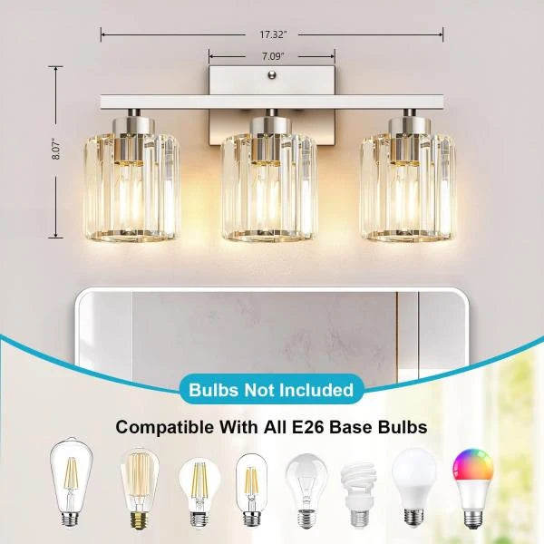 -Light Brushed Nickel Bathroom Vanity Light Fixture with Crystal Round Shades - Image 3