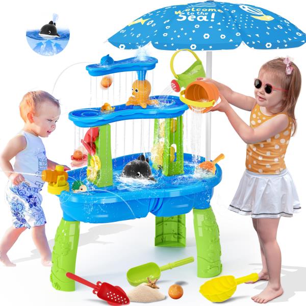 Water Table with Umbrella for Toddlers 3-5 3-Tier 30.51 x 23.37 x 15.74 Blue  Green