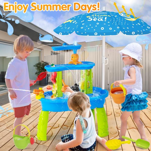 Water Table with Umbrella for Toddlers 3-5 3-Tier 30.51 x 23.37 x 15.74 Blue  Green