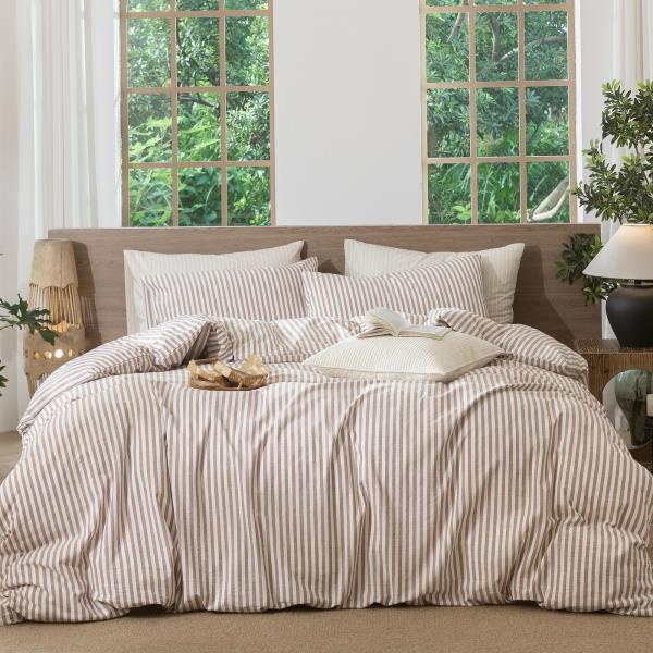 MooMee Striped Duvet Cover Set 100% Washed Cotton Linen Like Queen Retail $74.00 - Image 1