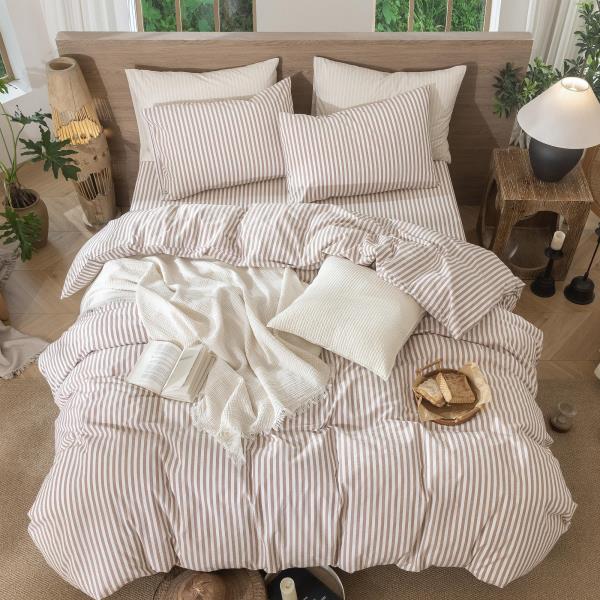 MooMee Striped Duvet Cover Set 100% Washed Cotton Linen Like Queen Retail $74.00 - Image 5