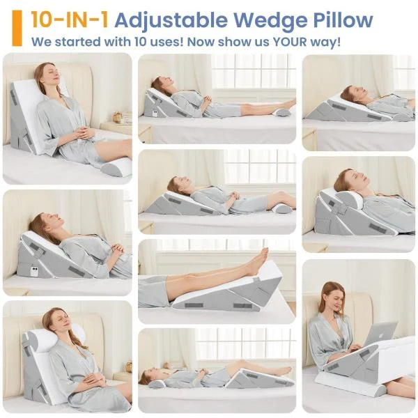 Adjustable Wedge Pillow Set 9-in and 12-in Memory Foam Support Light Grey White - Image 4