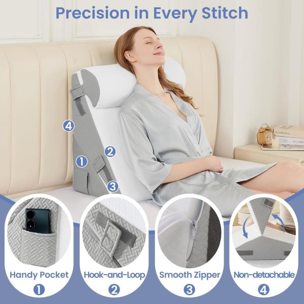 Adjustable Wedge Pillow Set 9-in and 12-in Memory Foam Support Light Grey White - Image 6