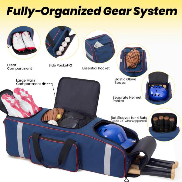 L Rolling Baseball Catchers Gear Bag 3-Zone Storage Blue - Image 2