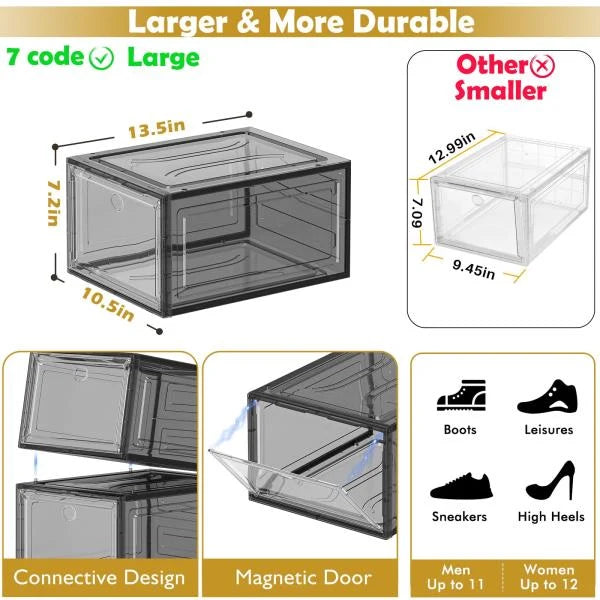 Sturdy Clear Shoe Organizer with Magnetic Door 6-Pack Stackable Storage Box 13.5 x 10.5 x 7.2 - Image 3