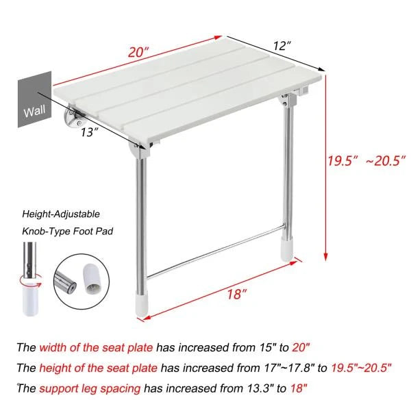 Folding Shower Seat Wall Mounted with Legs, Foldable Shower Chair for Inside Shower, Fold Down Shower Bench for Seniors (White, Fixed Height Plus)