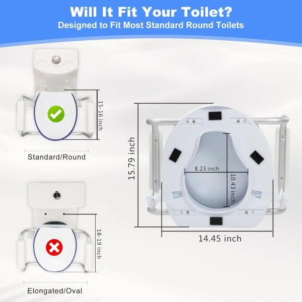 Raised Toilet Seat with Handles, Add 5 inch, Fits Round Toilet