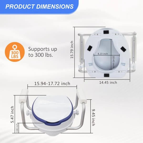 Raised Toilet Seat with Handles, Add 5 inch, Fits Round Toilet