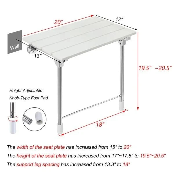 Folding Shower Seat Wall Mounted with Legs, Foldable Shower Chair for Inside Shower, Fold Down Shower Bench for Seniors (White, Fixed Height Plus)