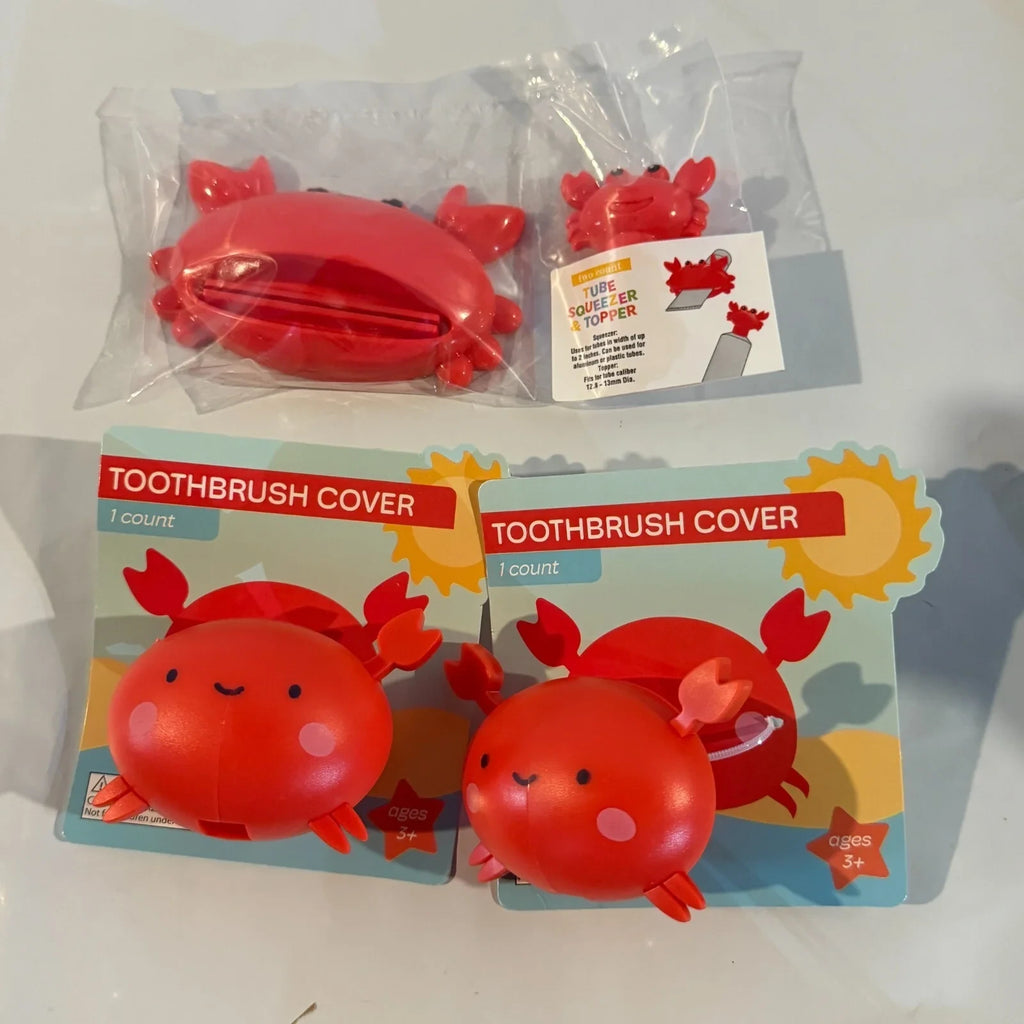 Red Crab Kids Bathroom Set with Toothbrush Covers Tube Squeezer and Topper