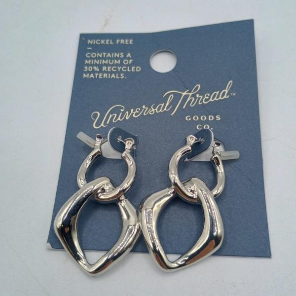 Silver Tone Geometric Drop Hoop Earrings
