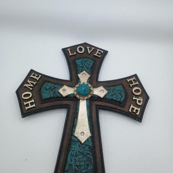 Decorative Cross with Faith Hope Love Home Engraved Turquoise Accents BrownTurquoise