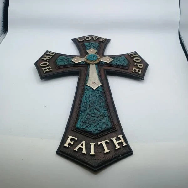 Decorative Cross with Faith Hope Love Home Engraved Turquoise Accents BrownTurquoise