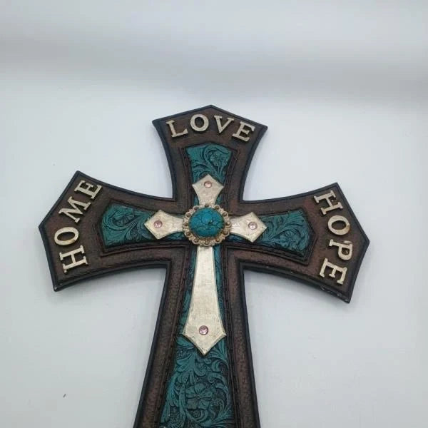 Decorative Cross with Faith Hope Love Home Engraved Turquoise Accents BrownTurquoise