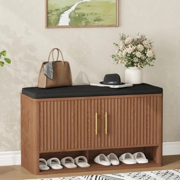 Fluted Shoe Storage Bench with Adjustable Shelves Walnut