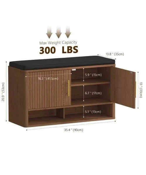 Fluted Shoe Storage Bench with Adjustable Shelves Walnut