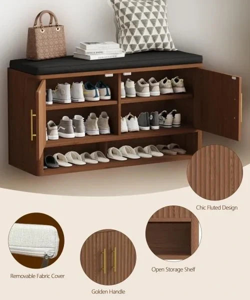 Fluted Shoe Storage Bench with Adjustable Shelves Walnut