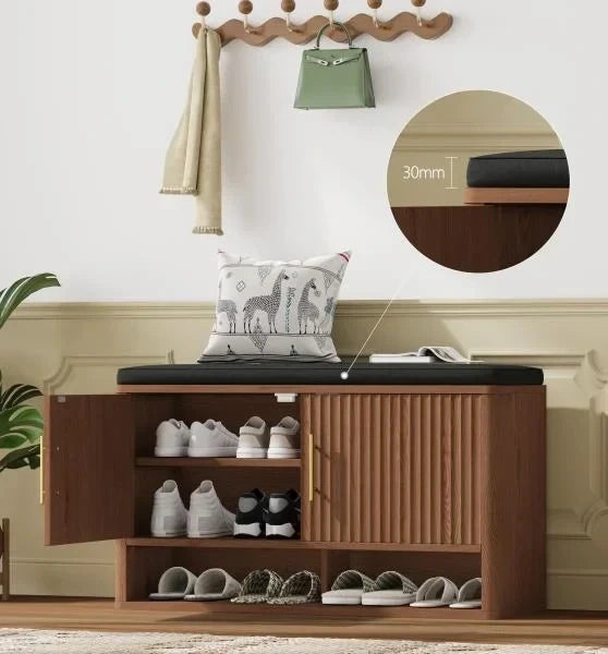 Fluted Shoe Storage Bench with Adjustable Shelves Walnut