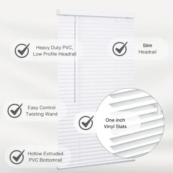 Cordless Mini Blind 1 Vinyl Slats 35.5 Wide x 60 Long White