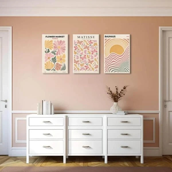 Pink and Yellow Boho Flower Market Canvas Wall Art Set of 3 16x24 Framed