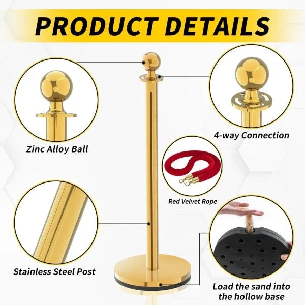 PCS Stanchion Post Crowd Control Barriers with 5 ft Red Velvet Rope Stainless Steel Gold