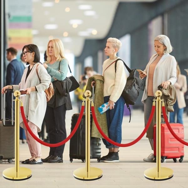 PCS Stanchion Post Crowd Control Barriers with 5 ft Red Velvet Rope Stainless Steel Gold