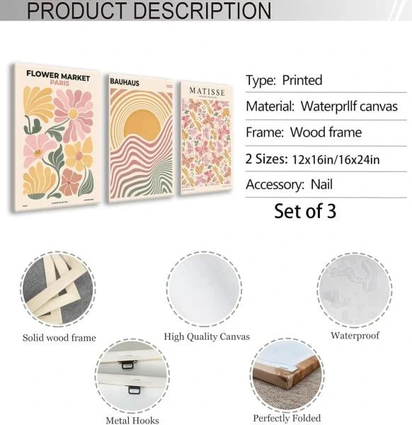 Pink and Yellow Boho Flower Market Canvas Wall Art Set of 3 16x24 Framed