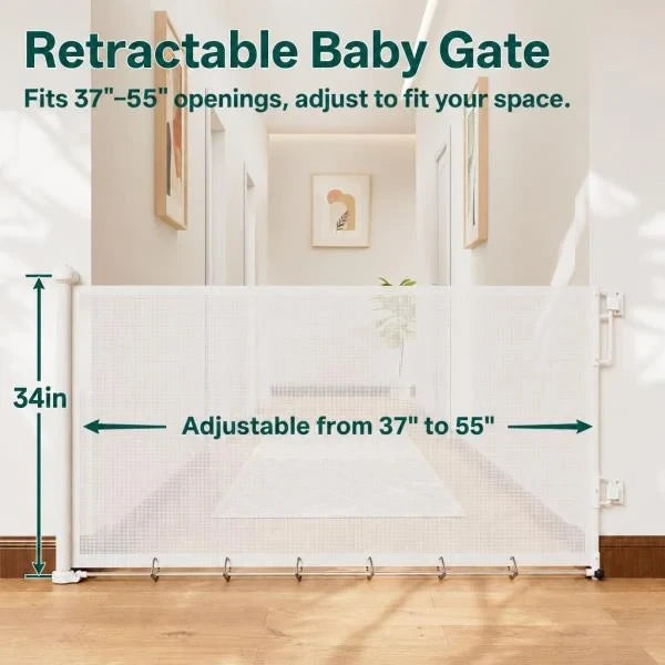 Retractable Baby Gate for Stairs and Doorways 37-55 Inch White